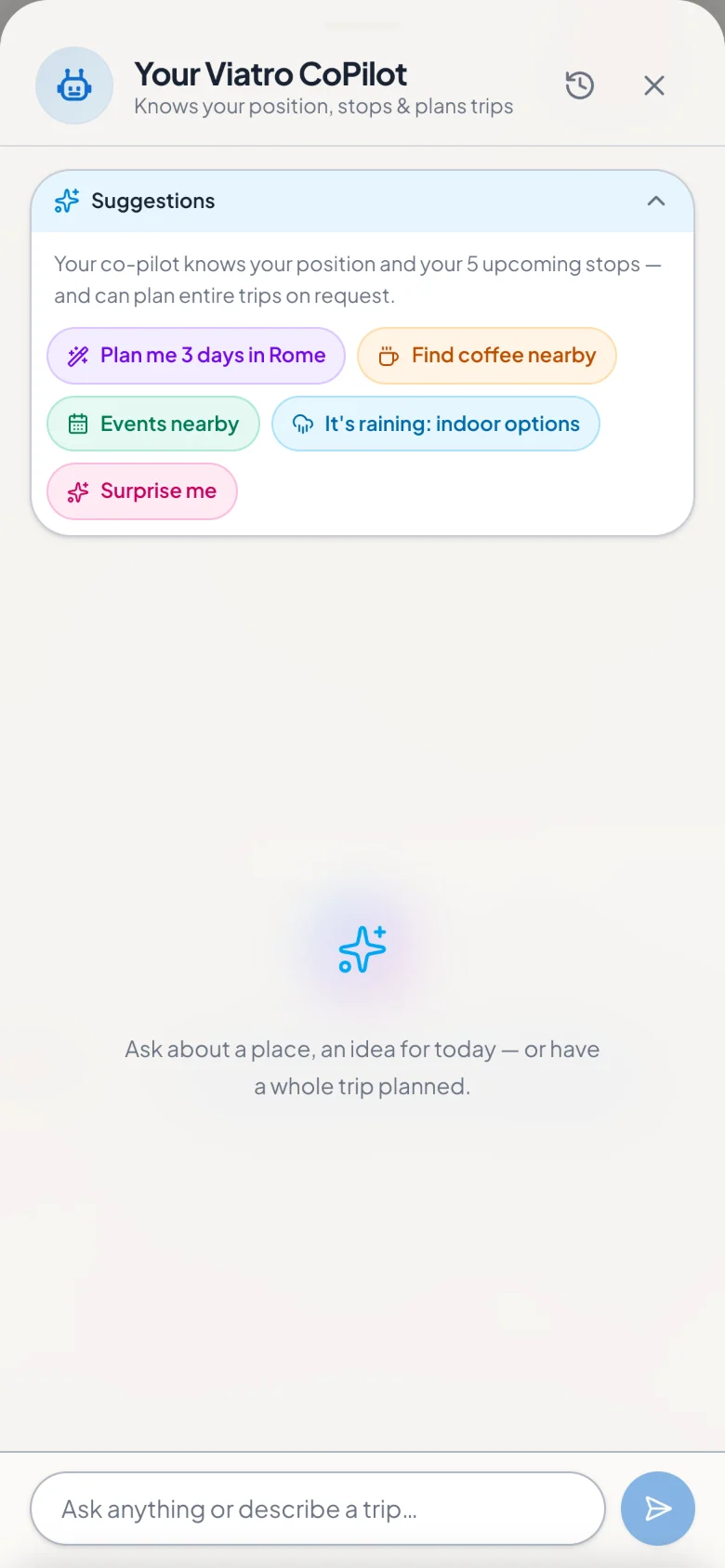 The Viatro co-pilot suggesting “find coffee nearby” and “it's raining: indoor options”.