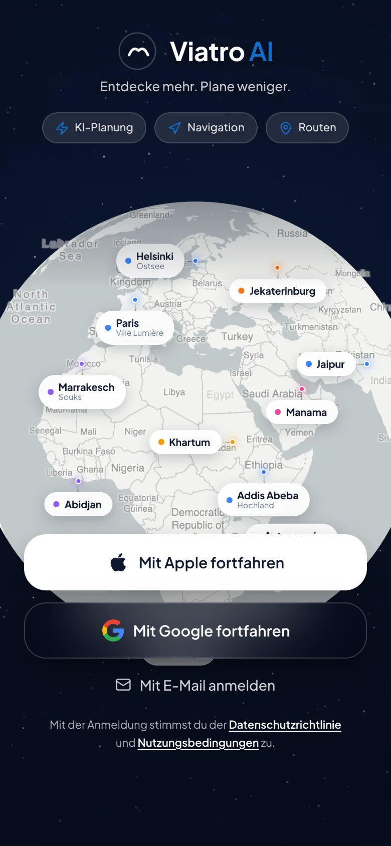 Viatro AI's start screen with a spinning globe and cities around the world.