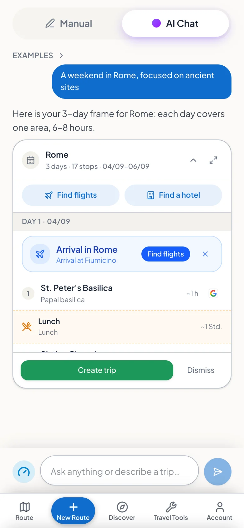 Viatro AI's chat: the sentence “A weekend in Rome focused on antiquity” turns into a plan with days and stops.