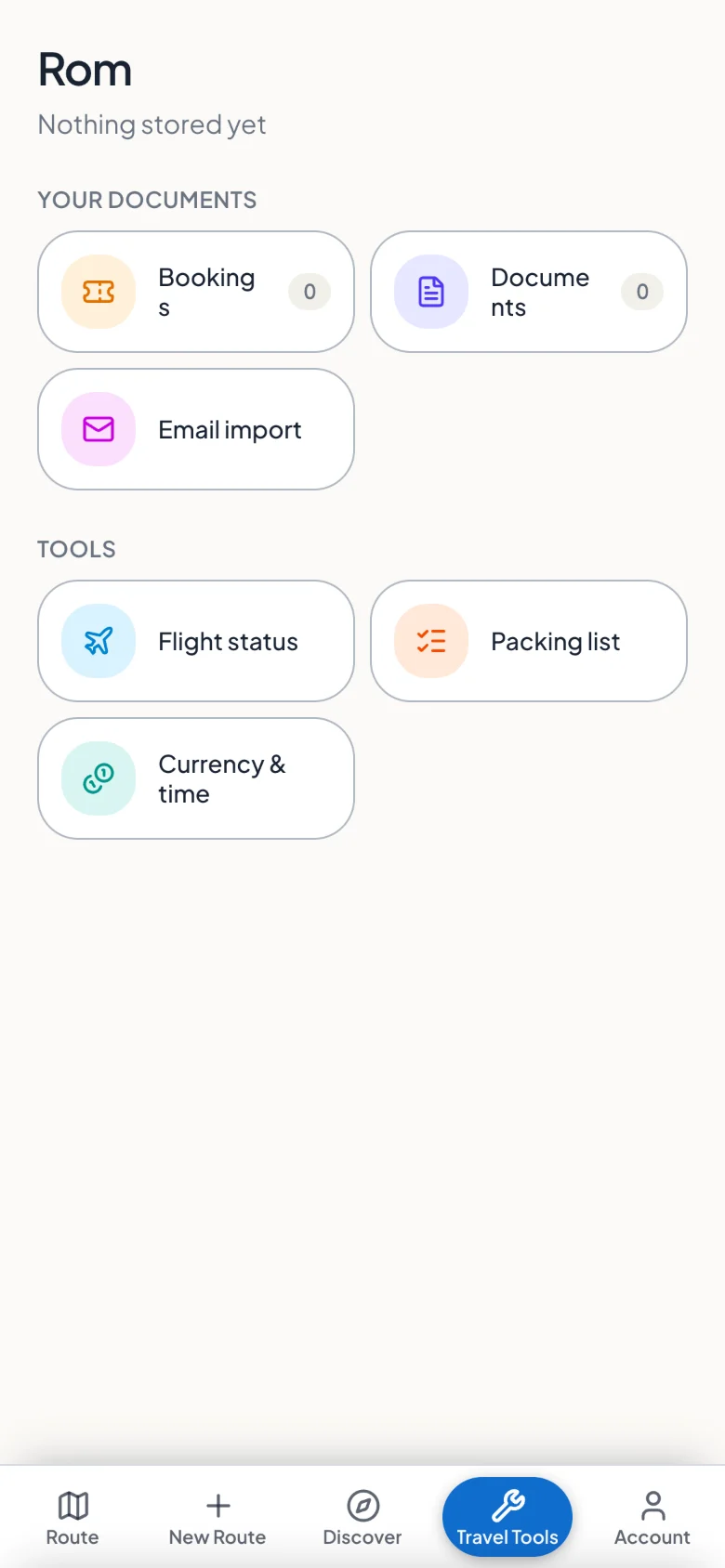 Travel tools: tickets, documents, bookings, email import, flight status, packing list, currency and time.