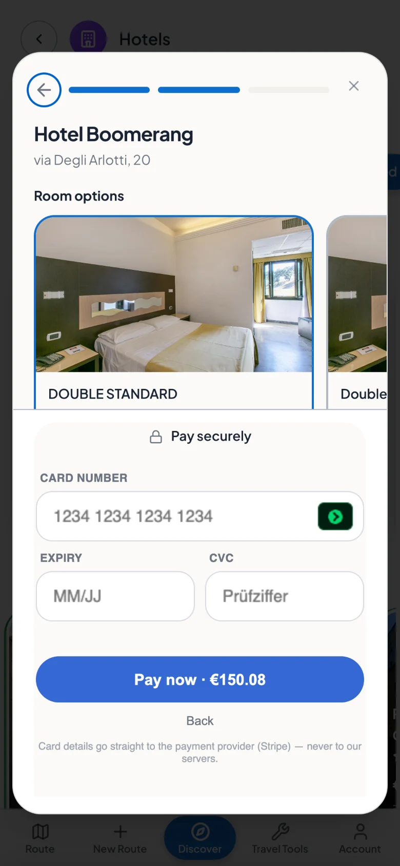 The purchase sheet with secure card payment: card number, expiry and CVC as separate fields.
